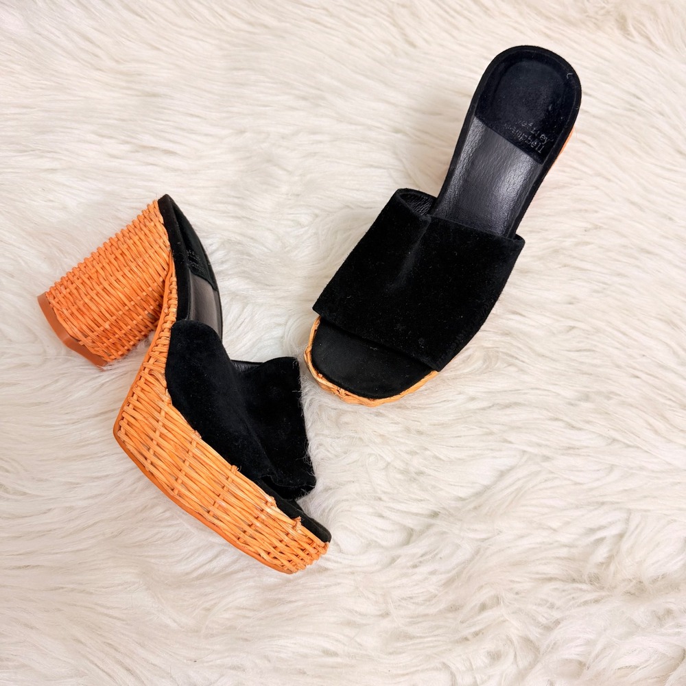 Jeffrey Campbell Magda-WRP Black Suede Brown Wicker Platform Slide Sandals 6.5